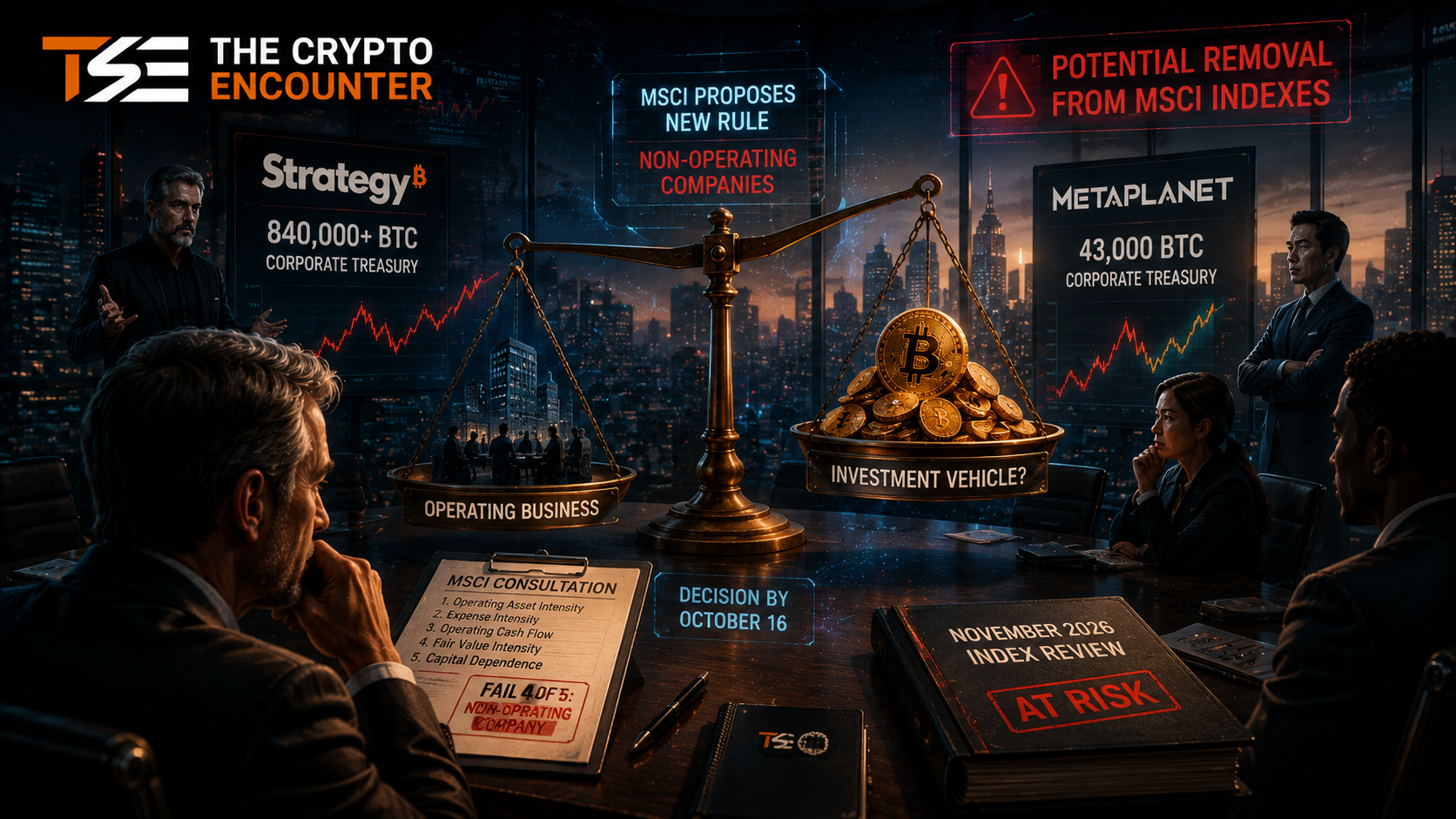 Strategy and Metaplanet face possible MSCI index removal as Bitcoin-heavy treasury models come under scrutiny over whether they still qualify as operating companies.