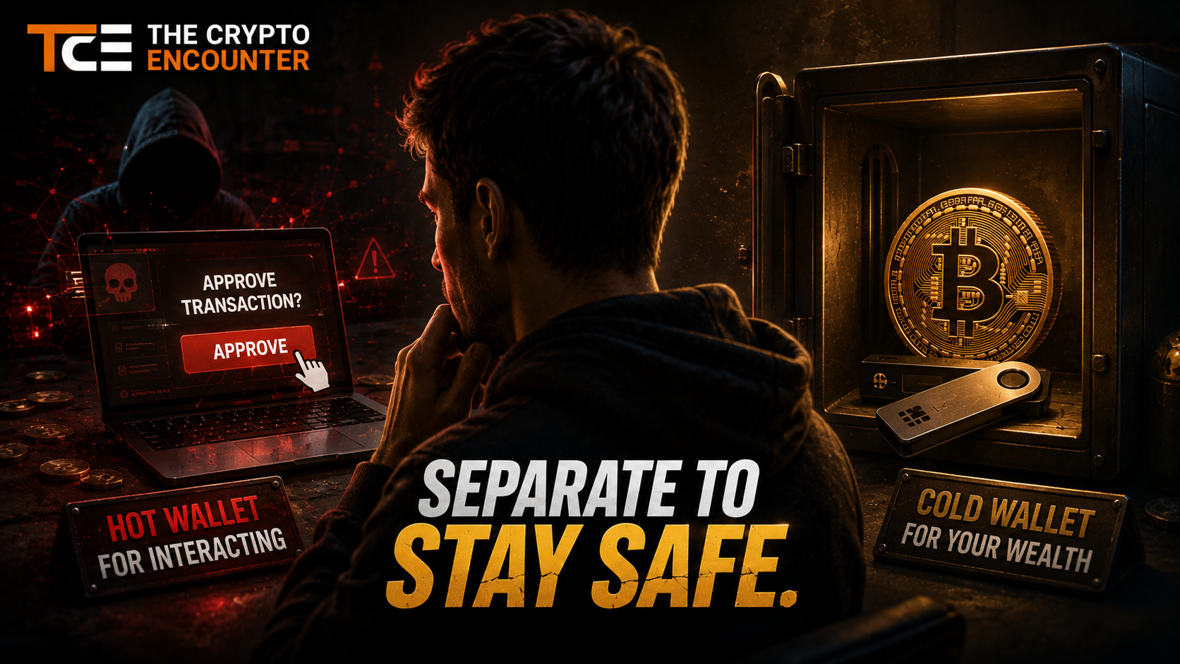 Crypto user separates a hot wallet used for DeFi transactions from a cold wallet holding savings, illustrating how wallet separation can limit losses from malicious approvals and compromised dApps.