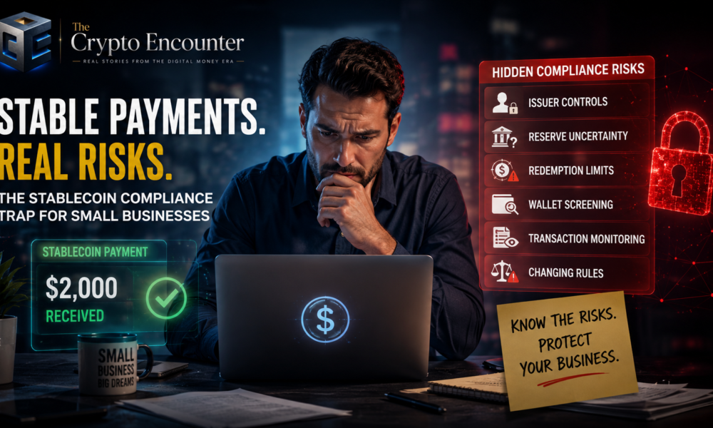 Stablecoin Compliance Trap for Small Businesses showing a business owner reviewing stablecoin payment risks, issuer controls, reserve uncertainty, redemption limits, wallet screening, and transaction monitoring.