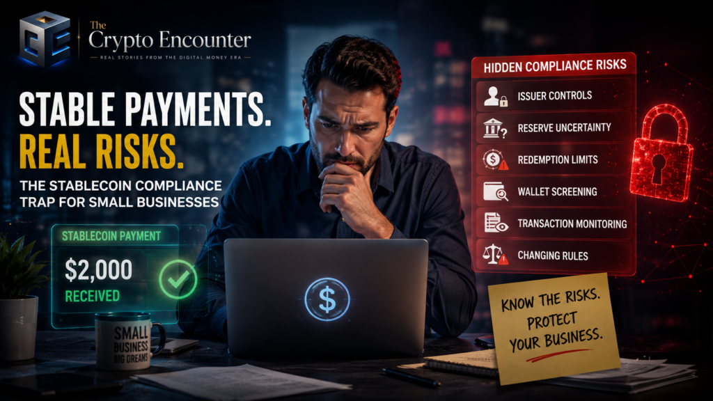 Stablecoin Compliance Trap for Small Businesses showing a business owner reviewing stablecoin payment risks, issuer controls, reserve uncertainty, redemption limits, wallet screening, and transaction monitoring.