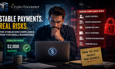 Stablecoin Compliance Trap for Small Businesses showing a business owner reviewing stablecoin payment risks, issuer controls, reserve uncertainty, redemption limits, wallet screening, and transaction monitoring.