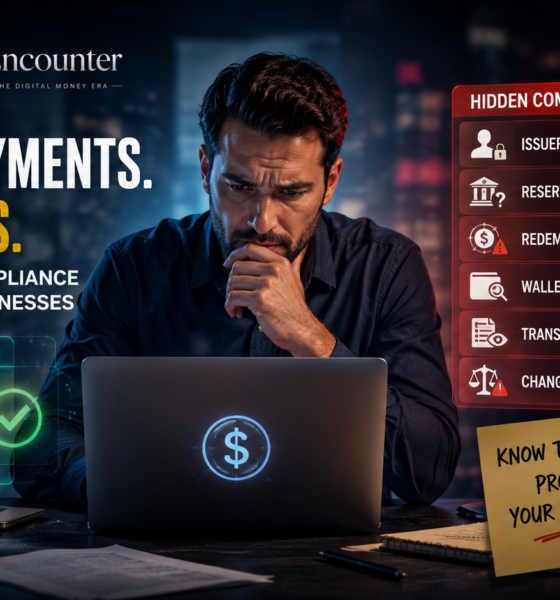 Stablecoin Compliance Trap for Small Businesses showing a business owner reviewing stablecoin payment risks, issuer controls, reserve uncertainty, redemption limits, wallet screening, and transaction monitoring.