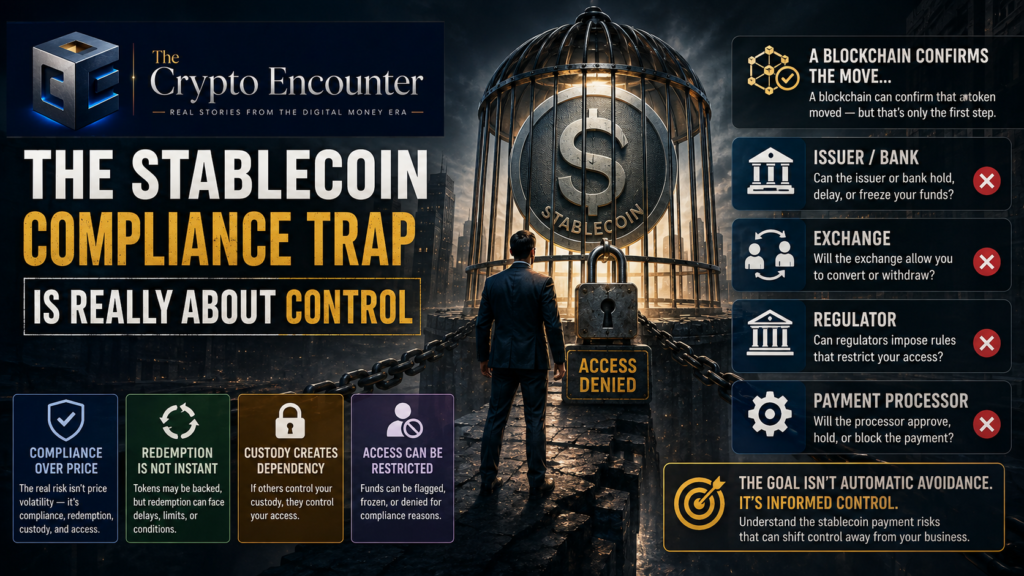 The Stablecoin Compliance Trap for Small Businesses illustrated with a locked stablecoin inside a cage, surrounded by banks, exchanges, regulators, and payment processors, highlighting compliance, redemption, custody, and access risks.