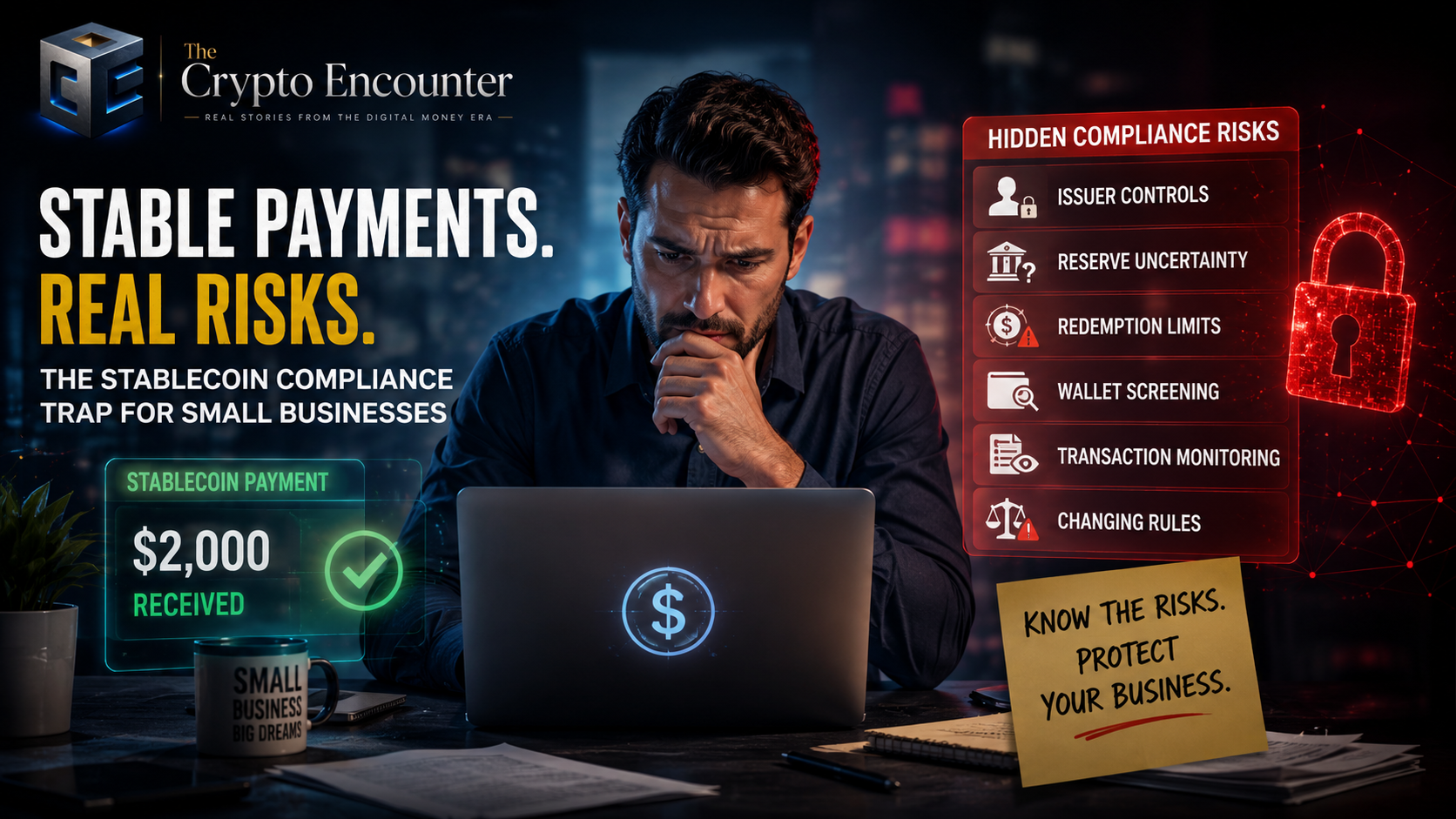 Stablecoin Compliance Trap for Small Businesses showing a business owner reviewing stablecoin payment risks, issuer controls, reserve uncertainty, redemption limits, wallet screening, and transaction monitoring.