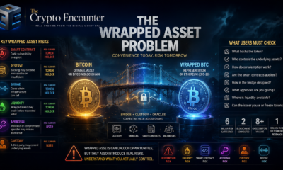 The wrapped asset problem showing Bitcoin connected to wrapped BTC through a blockchain bridge, highlighting smart contract, reserve, liquidity, approval, and custody risks.