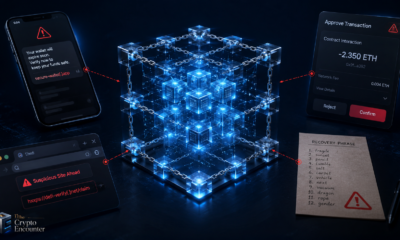 A secure glowing blockchain core surrounded by phishing messages, a suspicious browser link, a risky wallet approval, and an exposed recovery phrase.