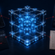 A secure glowing blockchain core surrounded by phishing messages, a suspicious browser link, a risky wallet approval, and an exposed recovery phrase.