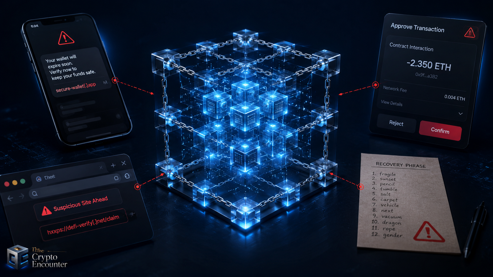 A secure glowing blockchain core surrounded by phishing messages, a suspicious browser link, a risky wallet approval, and an exposed recovery phrase.