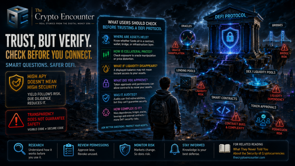 Cinematic VFX illustration showing flash loans and DeFi security risks, with smart contracts, oracles, liquidity pools, bridges, token approvals, and a user reviewing protocol risks.