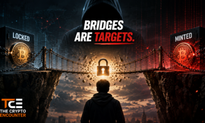 A lone crypto user faces a collapsing cross-chain bridge between locked and minted Bitcoin assets, illustrating why bridges concentrate value and attract hackers.