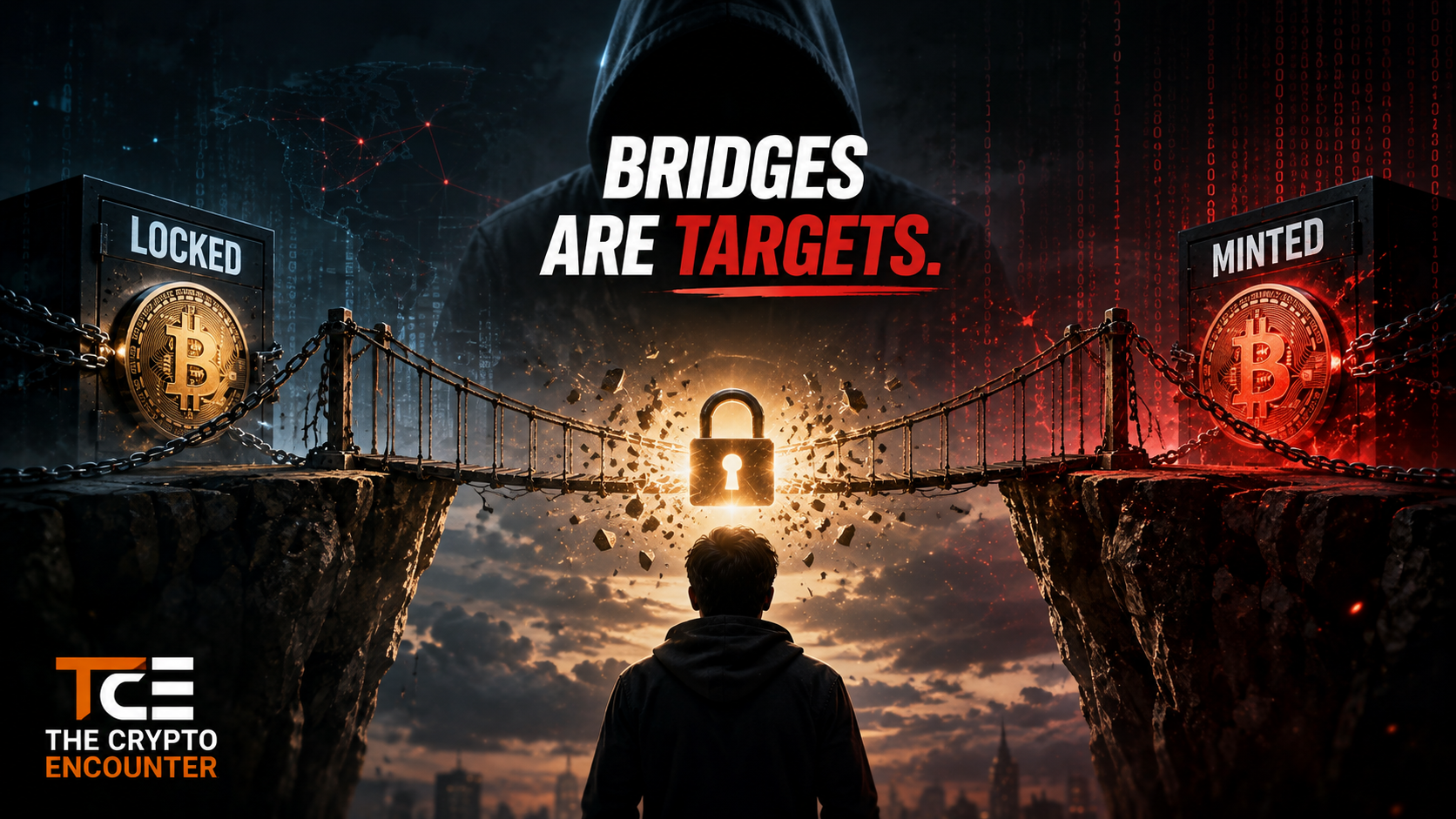 A lone crypto user faces a collapsing cross-chain bridge between locked and minted Bitcoin assets, illustrating why bridges concentrate value and attract hackers.