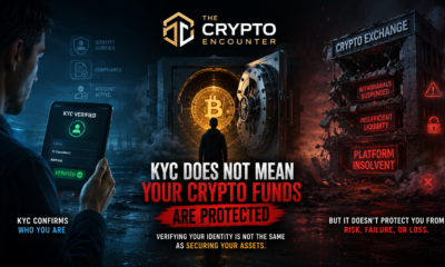 Cinematic VFX illustration showing **KYC fund protection** verification on a phone beside a Bitcoin vault and a collapsing crypto exchange with suspended withdrawals, insufficient liquidity, and insolvency warnings.