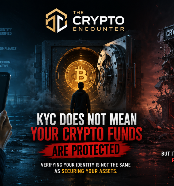 Cinematic VFX illustration showing **KYC fund protection** verification on a phone beside a Bitcoin vault and a collapsing crypto exchange with suspended withdrawals, insufficient liquidity, and insolvency warnings.