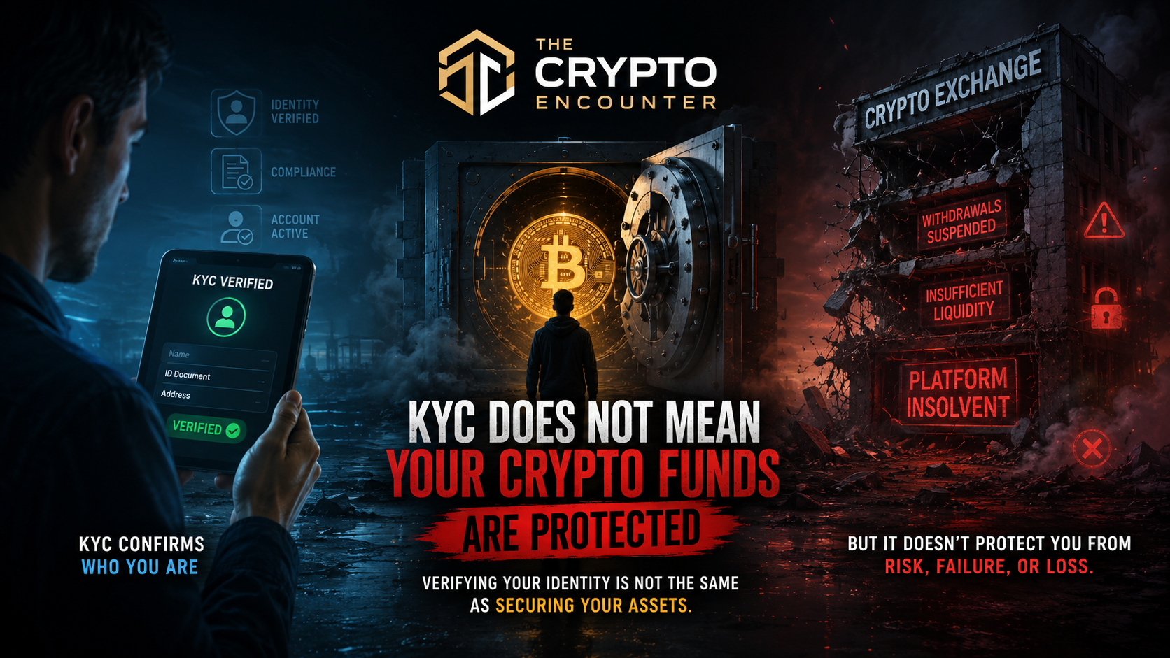 Cinematic VFX illustration showing **KYC fund protection** verification on a phone beside a Bitcoin vault and a collapsing crypto exchange with suspended withdrawals, insufficient liquidity, and insolvency warnings.