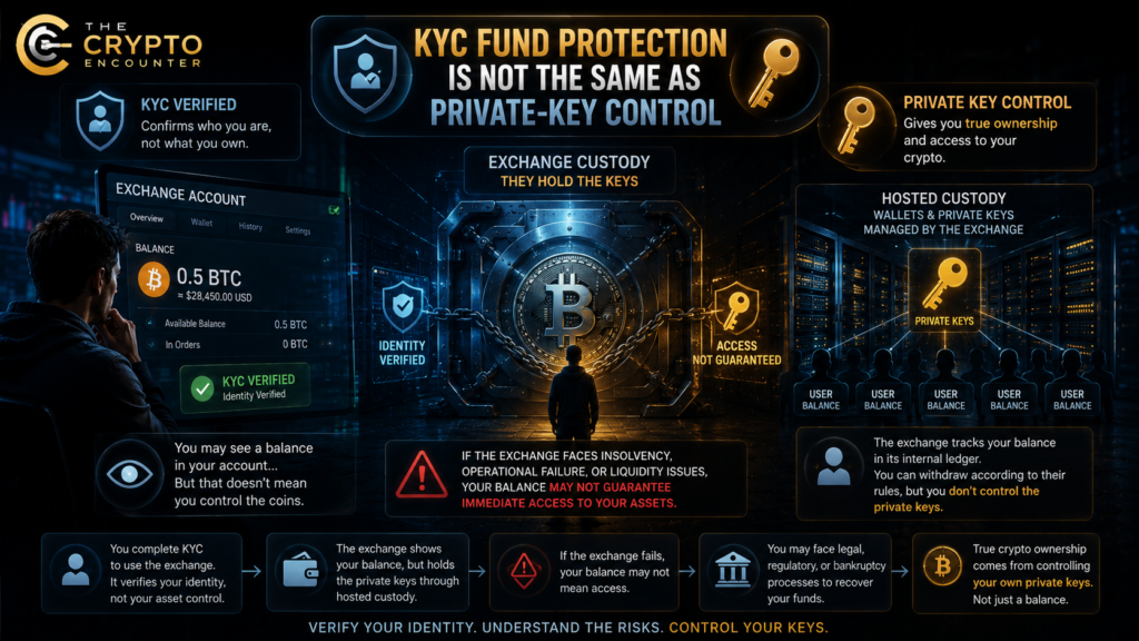 Cinematic VFX infographic illustrating **KYC fund protection**, exchange custody, private-key control, hosted wallets, and the risks of insolvency or withdrawal restrictions.