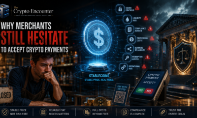 Crypto payments featured image showing a concerned merchant, glowing stablecoin, payment terminal, and key risks including issuer controls, liquidity, compliance, conversion costs, network reliability, and redemption access.