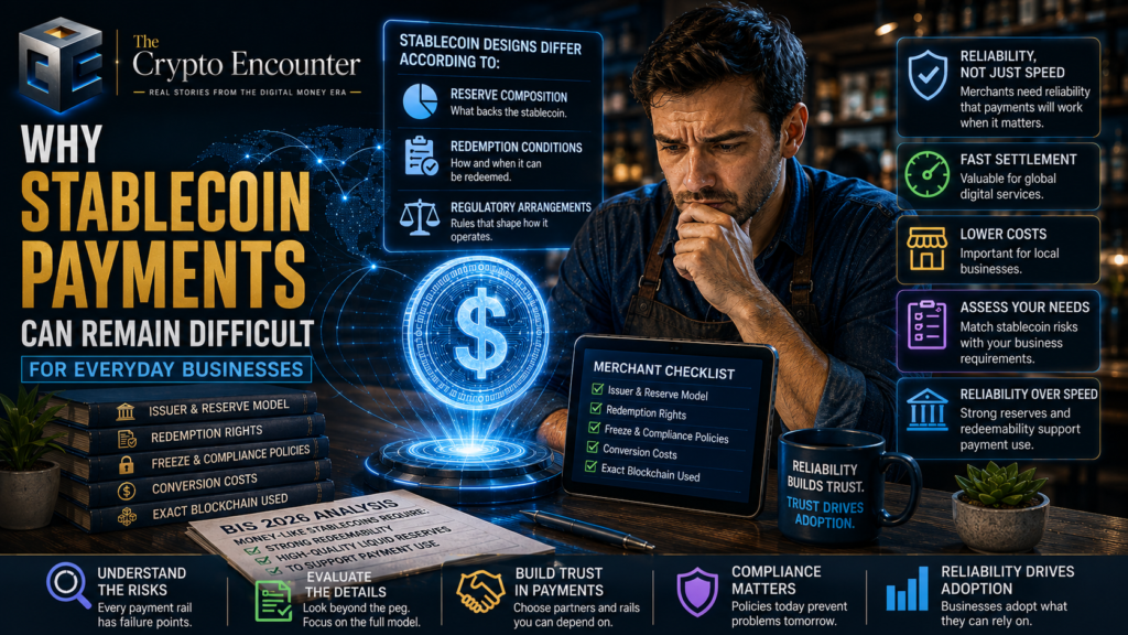 **Alt text:**
Crypto payments featured image showing a merchant evaluating stablecoin payments, with clear visuals of reserve composition, redemption conditions, compliance, conversion costs, blockchain choice, and payment reliability.