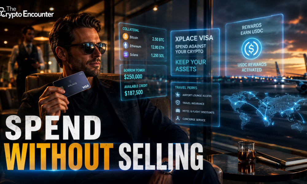 A crypto investor uses an XPlace Visa card while monitoring Bitcoin-backed borrowing and travel benefits, illustrating how the new premium card turns digital assets into spending power.