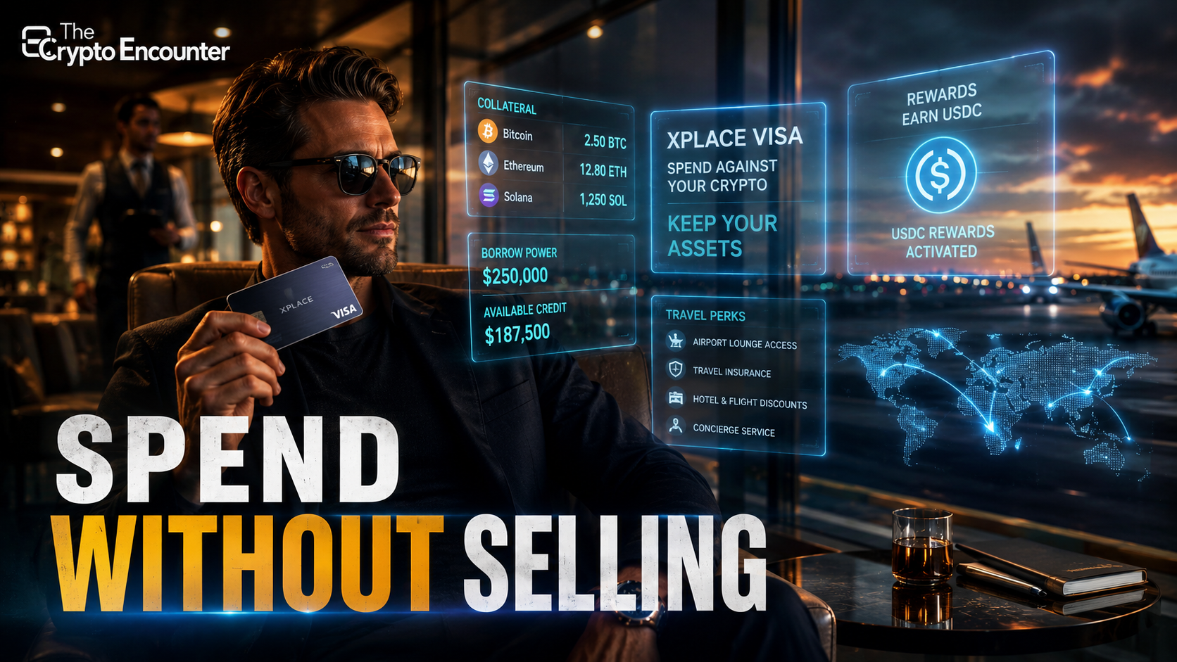 A crypto investor uses an XPlace Visa card while monitoring Bitcoin-backed borrowing and travel benefits, illustrating how the new premium card turns digital assets into spending power.