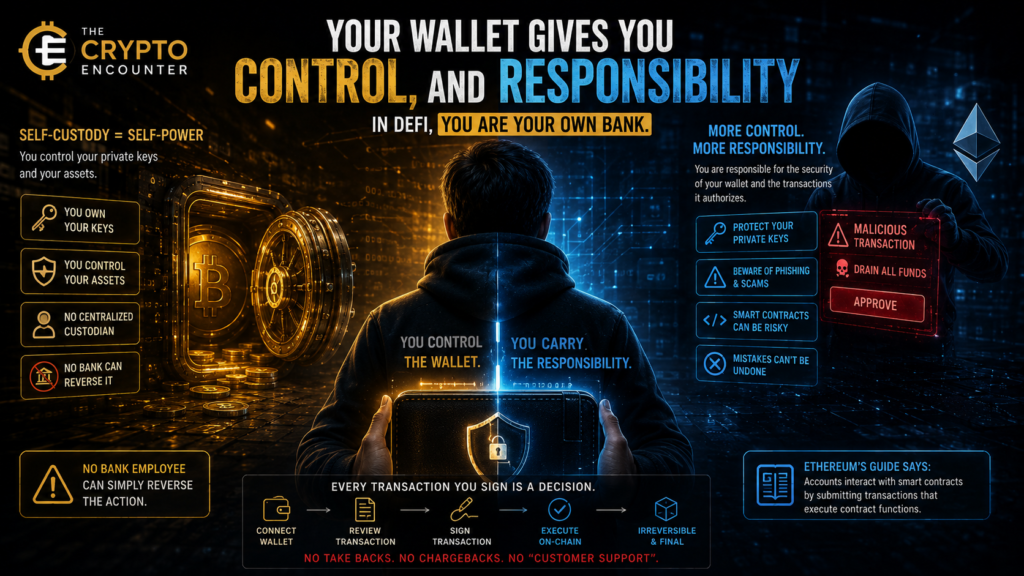Cinematic VFX illustration highlighting decentralized exchange risks*, including self-custody, smart-contract vulnerabilities, token approvals, wallet security, liquidity risk, and irreversible crypto transactions.