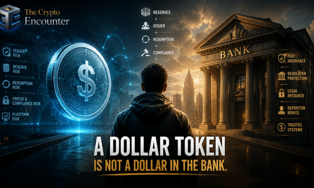 A dollar token compared with a traditional bank, illustrating stablecoin reserve, issuer, redemption, freeze, compliance, and FDIC protection differences.