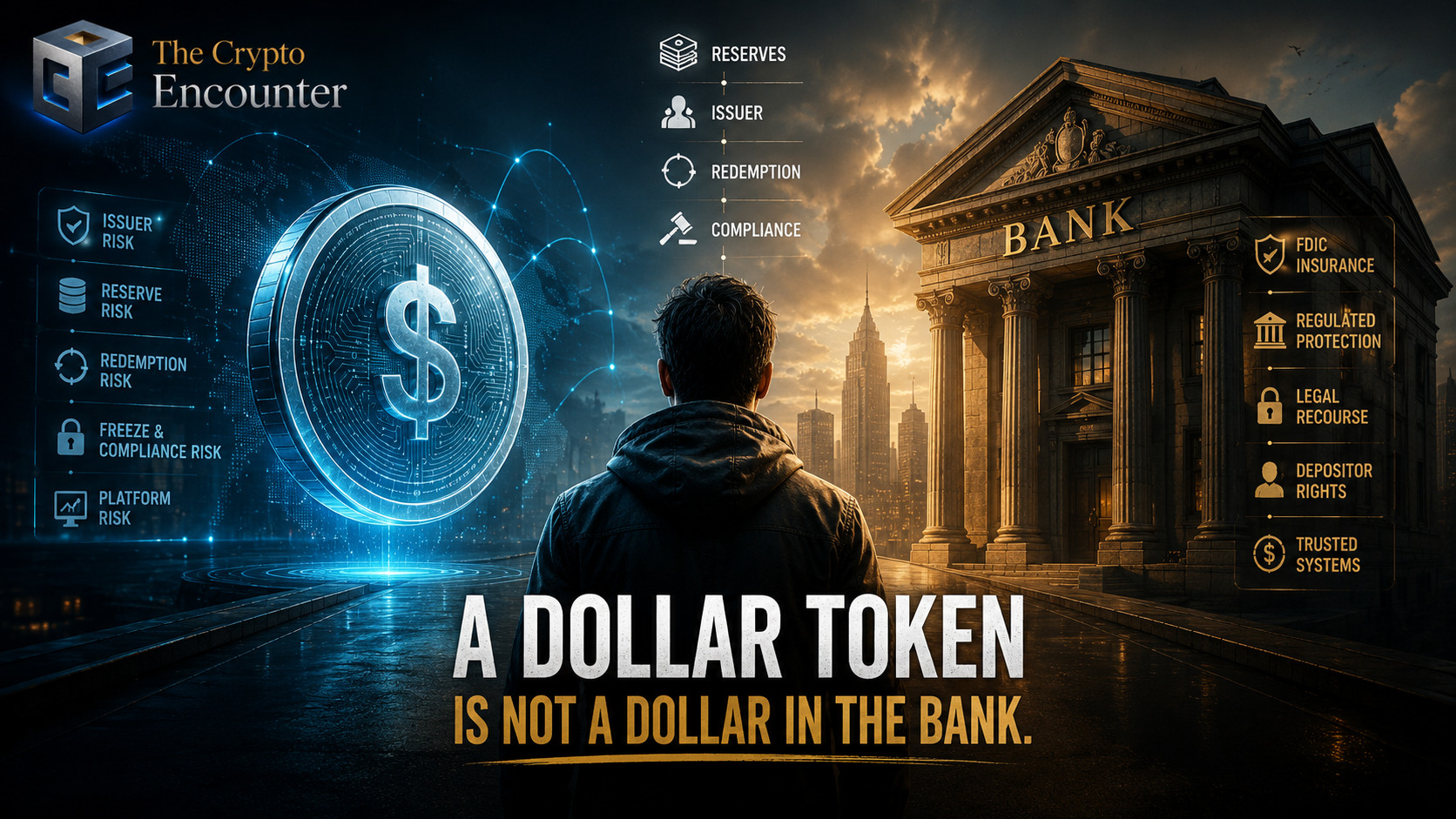 A dollar token compared with a traditional bank, illustrating stablecoin reserve, issuer, redemption, freeze, compliance, and FDIC protection differences.