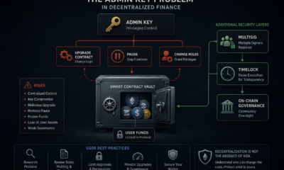 The admin key problem in decentralized finance showing smart contract control, multisig security, timelocks, governance, and risks to user funds.