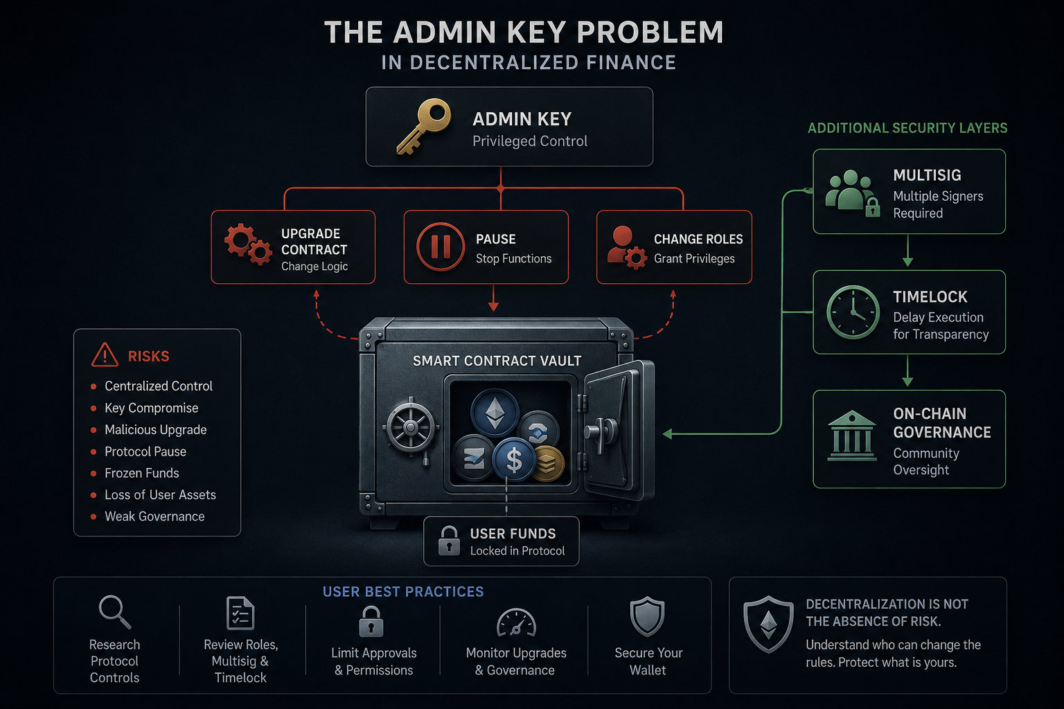 The admin key problem in decentralized finance showing smart contract control, multisig security, timelocks, governance, and risks to user funds.