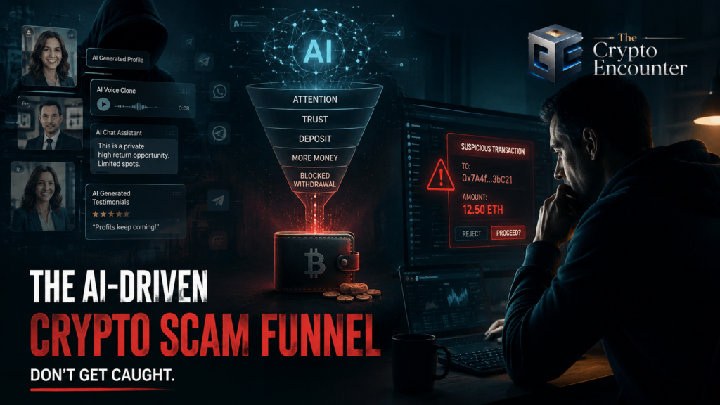 AI crypto scams funnel showing AI-generated profiles, fake investment messages, suspicious crypto transactions, and blocked withdrawals.