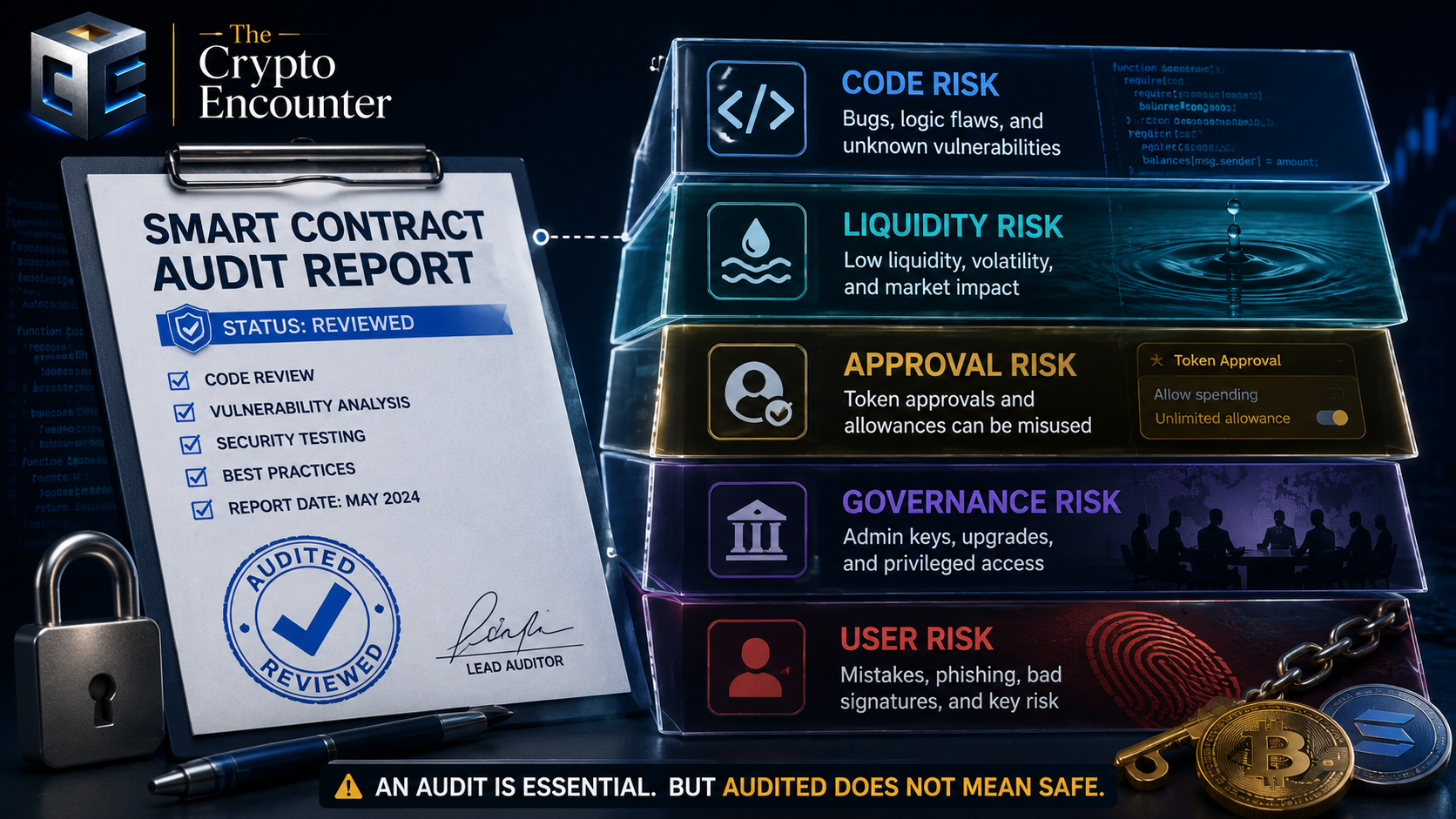 Audited does not mean safe in DeFi because smart contract, liquidity, approval, governance, and user risks can remain after an audit.