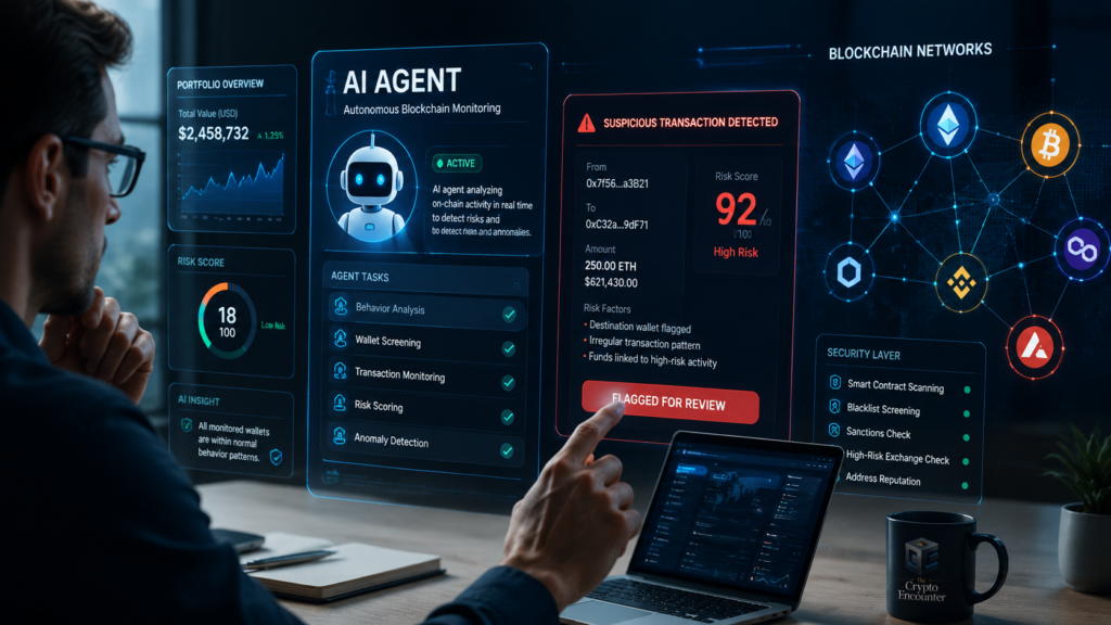 AI agent monitoring blockchain networks and detecting suspicious crypto transactions with human security review