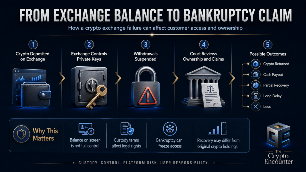 Crypto exchange bankruptcy process showing deposits, exchange custody, suspended withdrawals, court review, and possible customer recovery outcomes