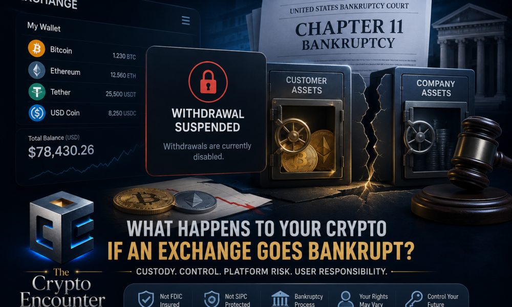 Crypto exchange bankruptcy illustration showing suspended withdrawals, customer assets, company assets, and Chapter 11 bankruptcy