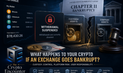 Crypto exchange bankruptcy illustration showing suspended withdrawals, customer assets, company assets, and Chapter 11 bankruptcy