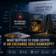 Crypto exchange bankruptcy illustration showing suspended withdrawals, customer assets, company assets, and Chapter 11 bankruptcy