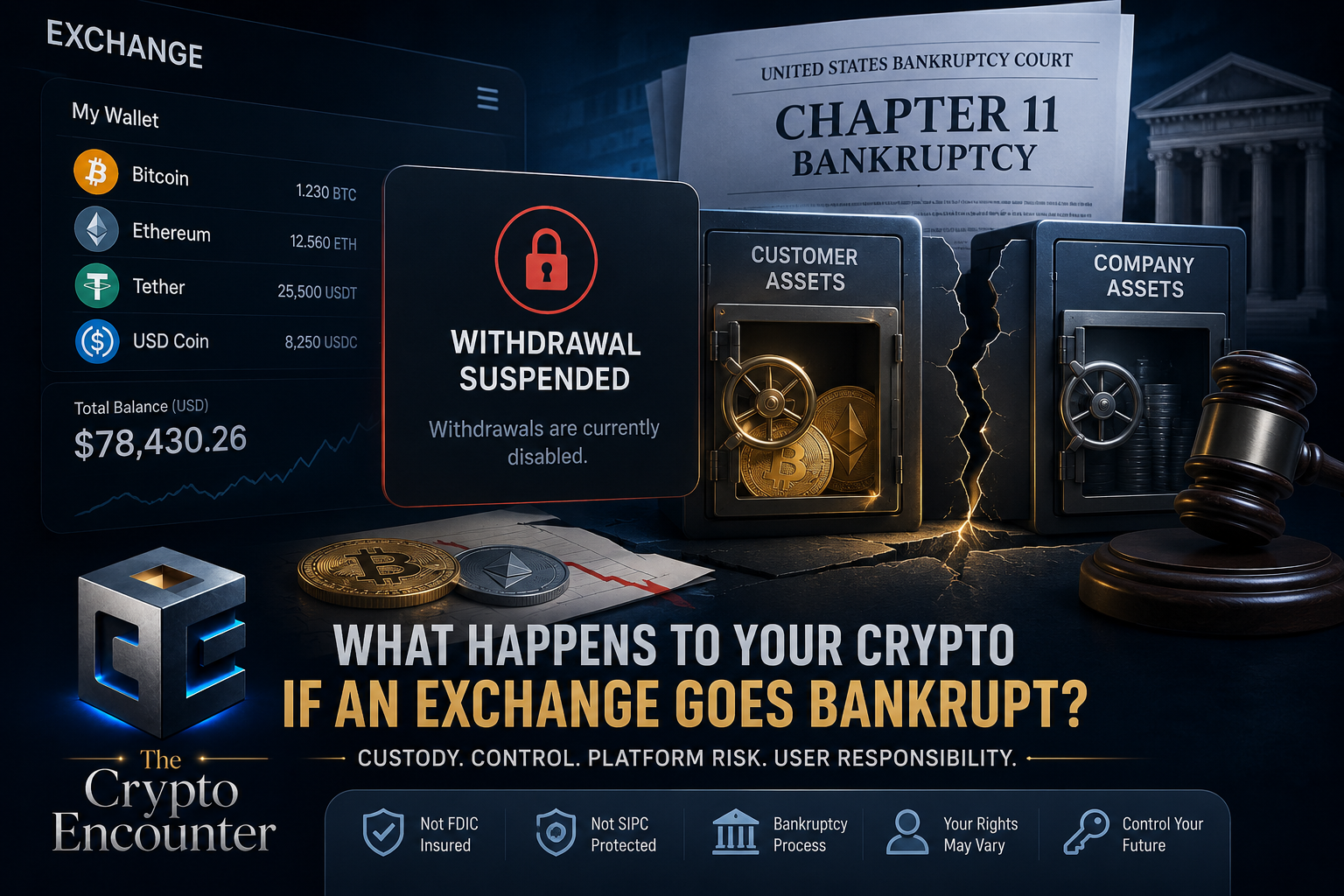 Crypto exchange bankruptcy illustration showing suspended withdrawals, customer assets, company assets, and Chapter 11 bankruptcy