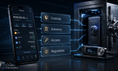 Exchange token risk illustrated with a crypto exchange balance, custody, solvency, access, regulation, and secure cold storage.