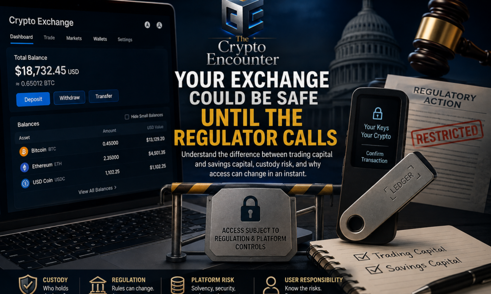Crypto exchange risk illustrated with an exchange dashboard, hardware wallet, regulatory controls, and trading versus savings capital.