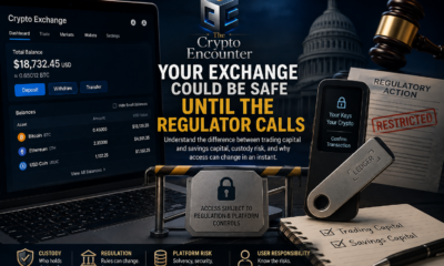 Crypto exchange risk illustrated with an exchange dashboard, hardware wallet, regulatory controls, and trading versus savings capital.