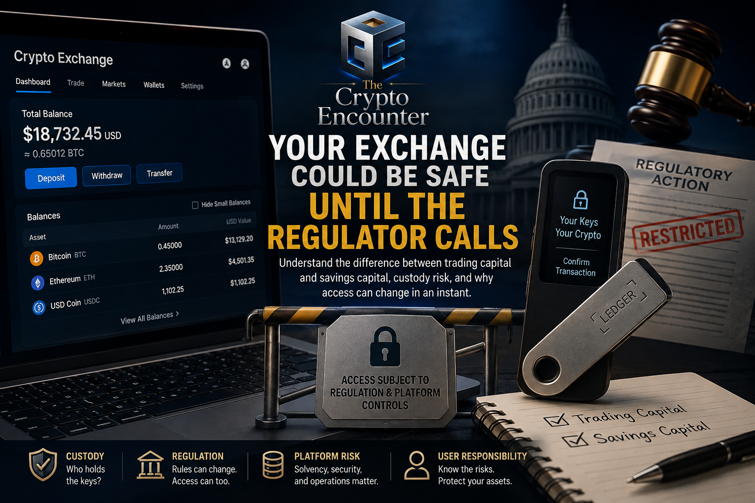 Crypto exchange risk illustrated with an exchange dashboard, hardware wallet, regulatory controls, and trading versus savings capital.