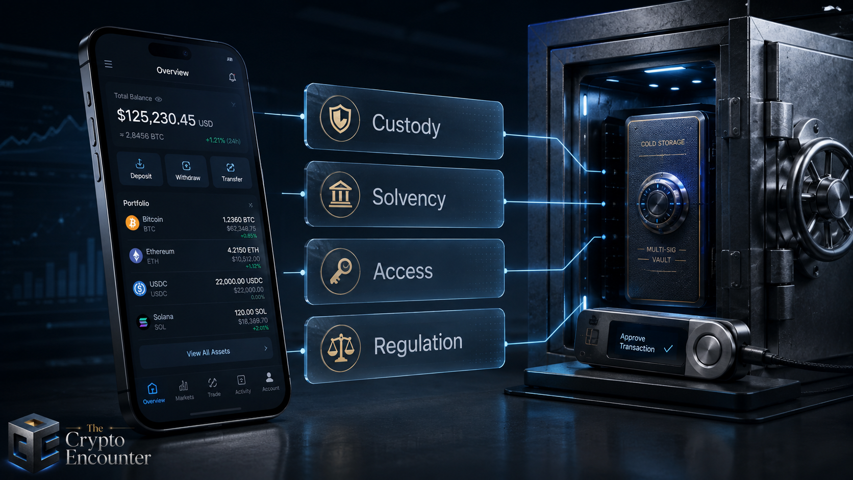 Exchange token risk illustrated with a crypto exchange balance, custody, solvency, access, regulation, and secure cold storage.