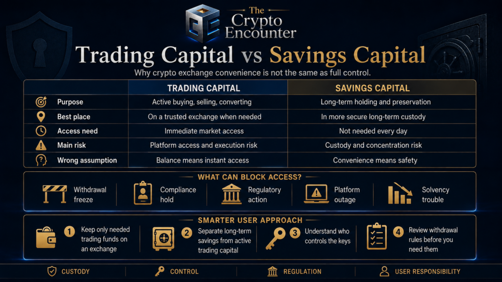 Trading capital vs savings capital infographic showing crypto exchange custody, withdrawal risk, regulation, solvency, and user responsibility.