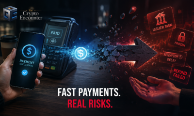 Crypto payments illustration showing a successful stablecoin payment facing refund, issuer, freeze, and redemption risks.