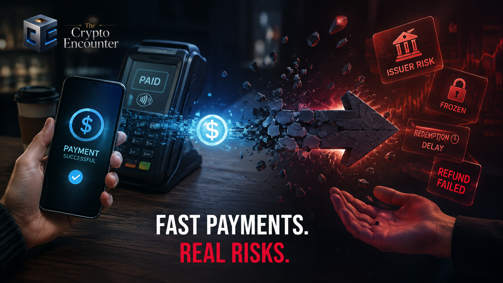 Crypto payments illustration showing a successful stablecoin payment facing refund, issuer, freeze, and redemption risks.