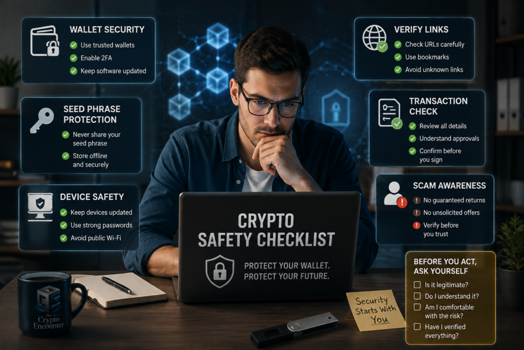 Crypto safety checklist showing wallet security, seed phrase protection, device safety, link verification, transaction checks, and scam awareness.