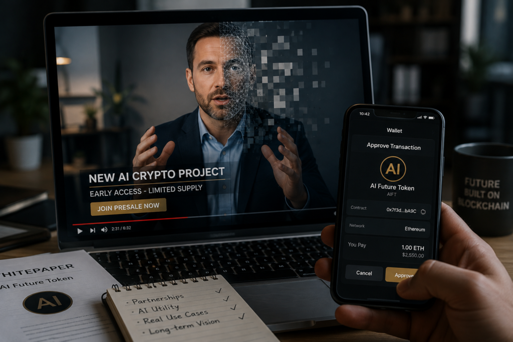 Deepfake CEO promoting a fake AI crypto token while a user prepares to approve a suspicious wallet transaction.