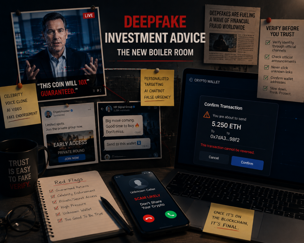 Deepfake investment advice illustration showing an AI-generated crypto scam video, fake investment messages, wallet transaction approval request, and security warnings about financial fraud
