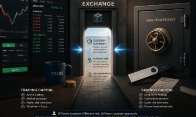Trading capital and savings capital compared through crypto exchange custody, platform risk, and long-term asset security.