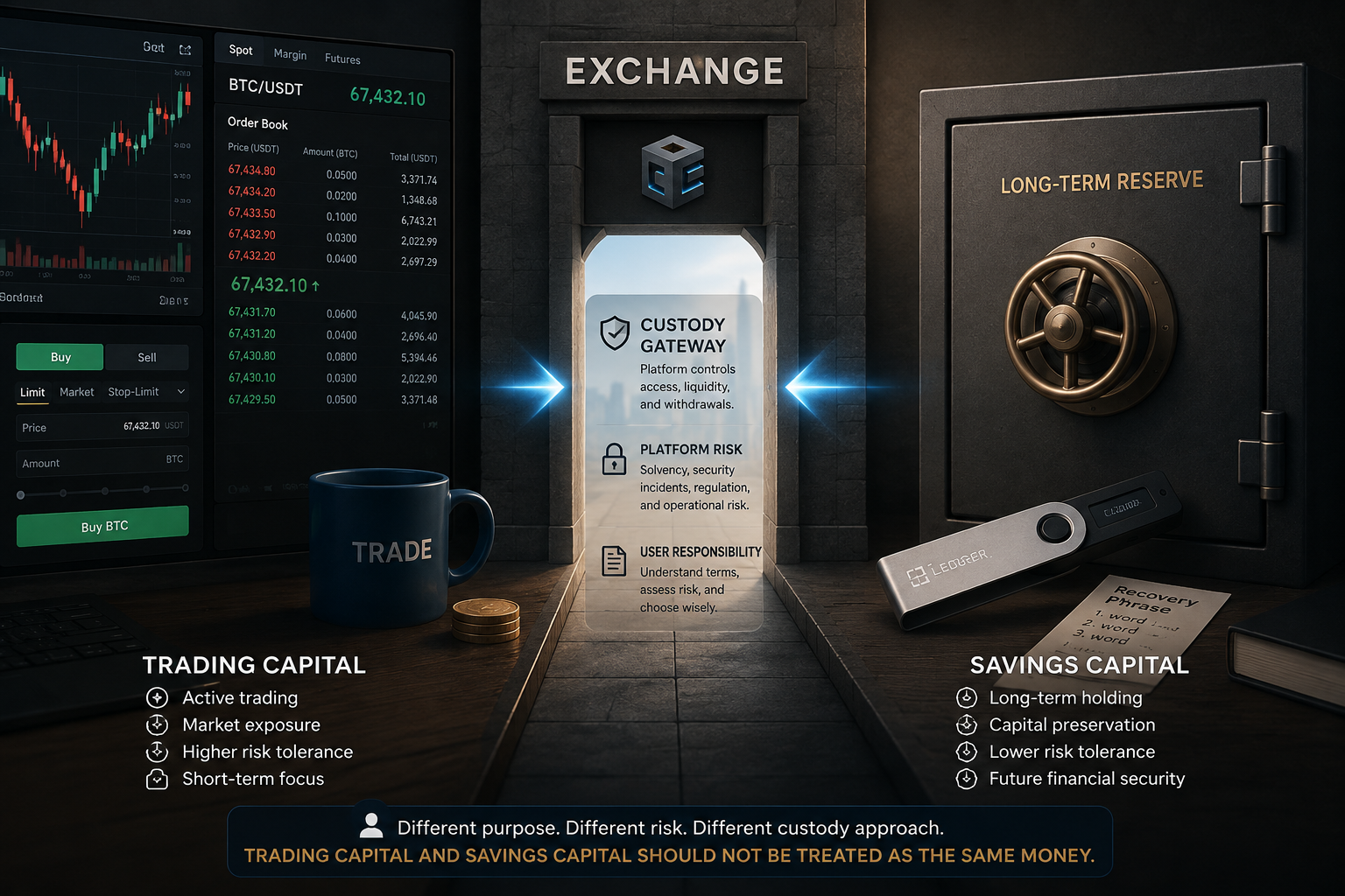 Trading capital and savings capital compared through crypto exchange custody, platform risk, and long-term asset security.