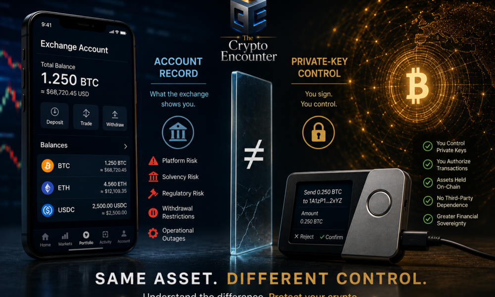 A crypto exchange balance on a smartphone beside a self-custody hardware wallet, showing the difference between account access and direct crypto control.